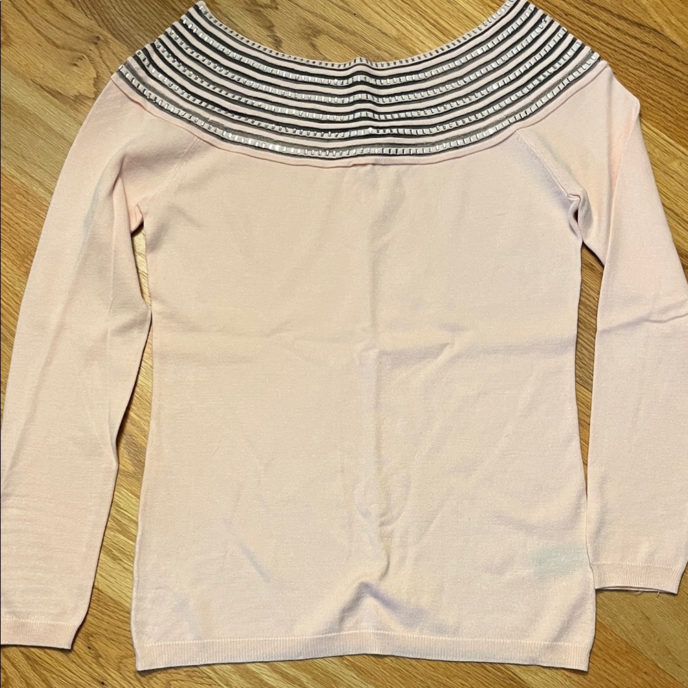 Boston Proper Blush and Black Off-Shoulder Sweater